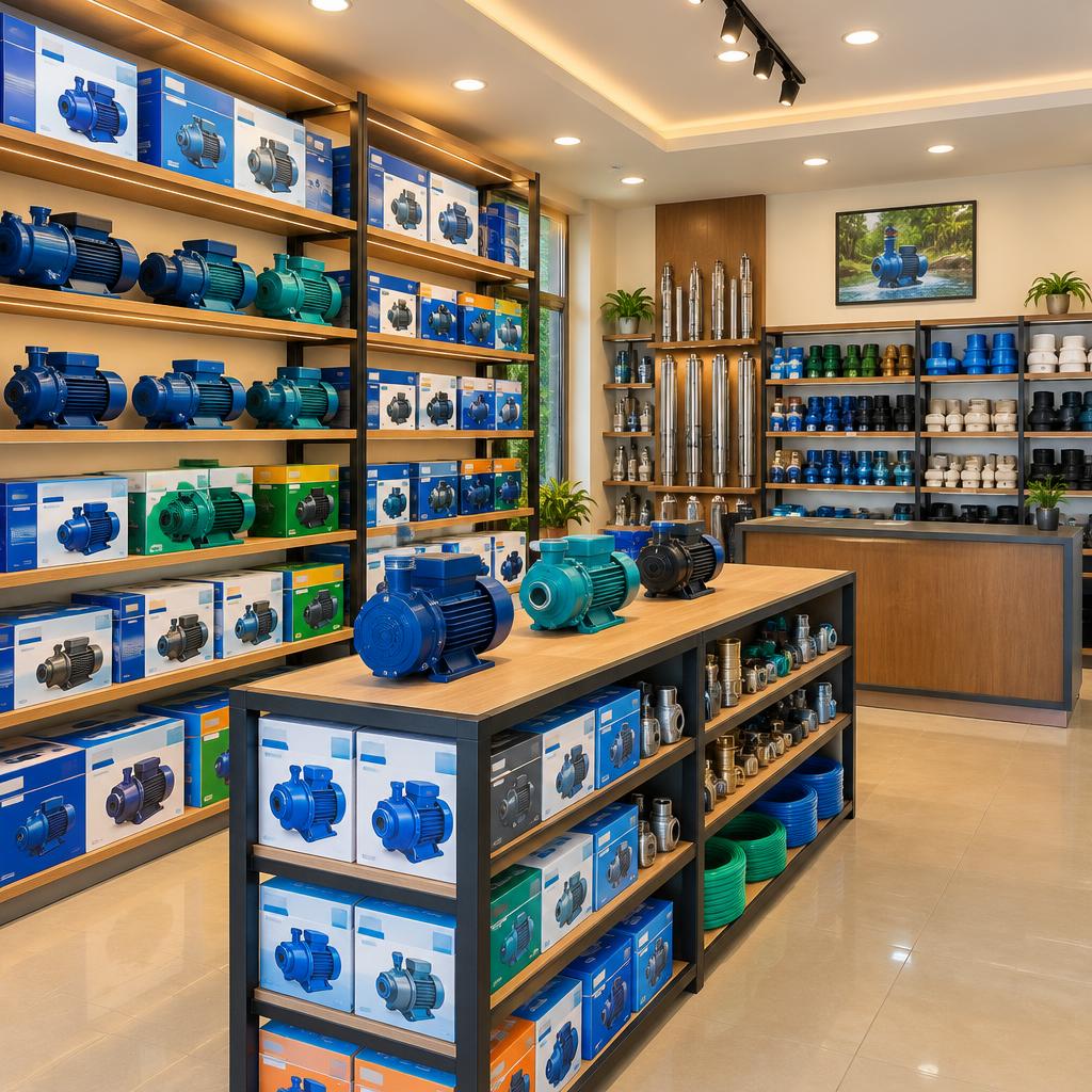 Interior of a water pump shop with pumps and accessories displayed on shelves