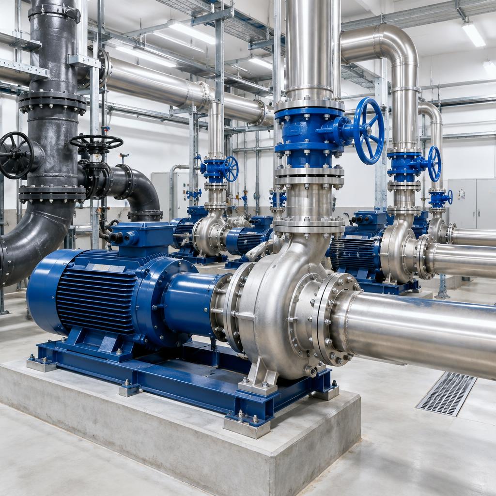 Industrial pump room with large pumping equipment and piping